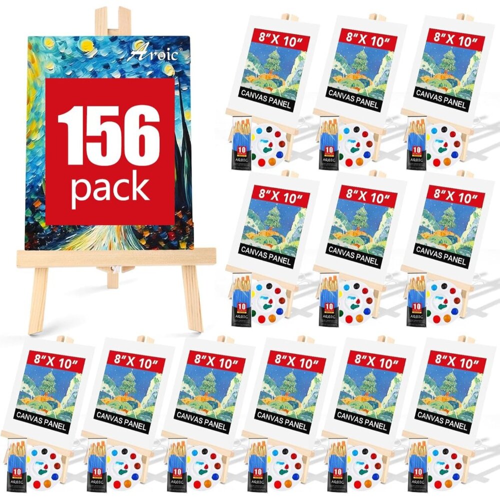 156 PCS Professional Painting Set with Easels, 12 Wood Easels,120 Brushes with N
